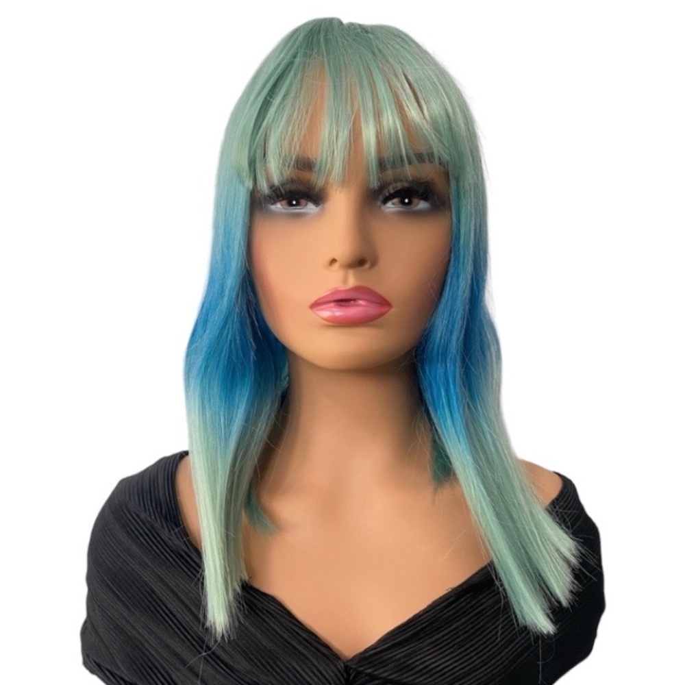 Medium Wig Aqua Green + Blue  two tone 16” with bangs